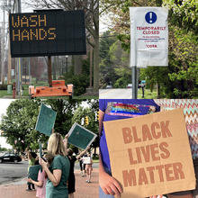 Collage showing a "WASH HANDS" sign, a COTA route temporarily closed sign, a Black Lives Matter protest and Black Lives Matter sign