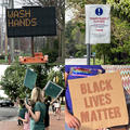 Collage showing a "WASH HANDS" sign, a COTA route temporarily closed sign, a Black Lives Matter protest and Black Lives Matter sign