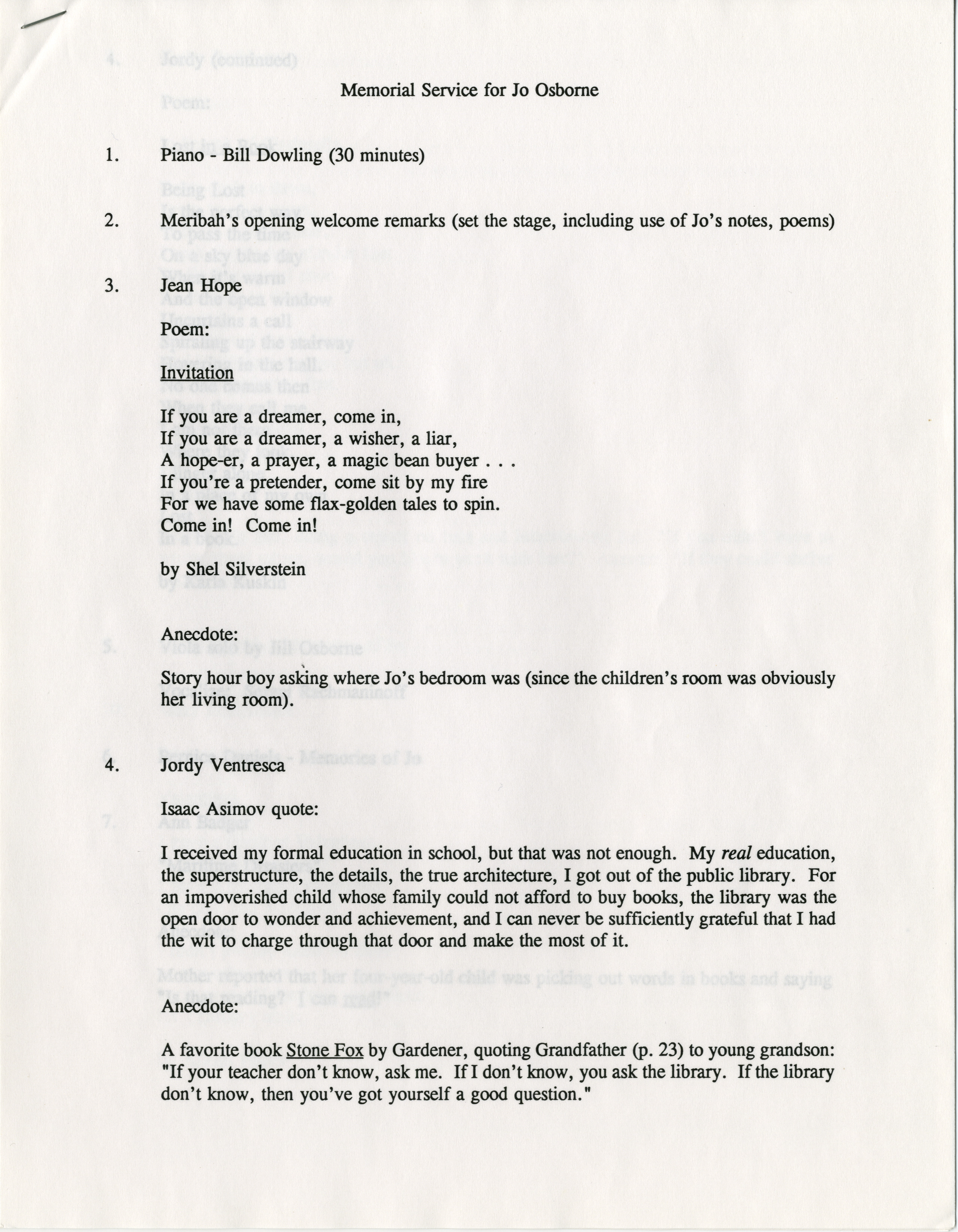 Detailed Program for Jo Osborne's Memorial Service