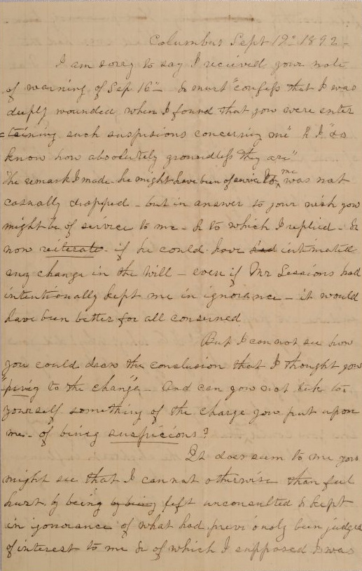 Draft of a Letter to an Unknown Friend Probably Written by Mary Johnson Sessions of Columbus, Ohio