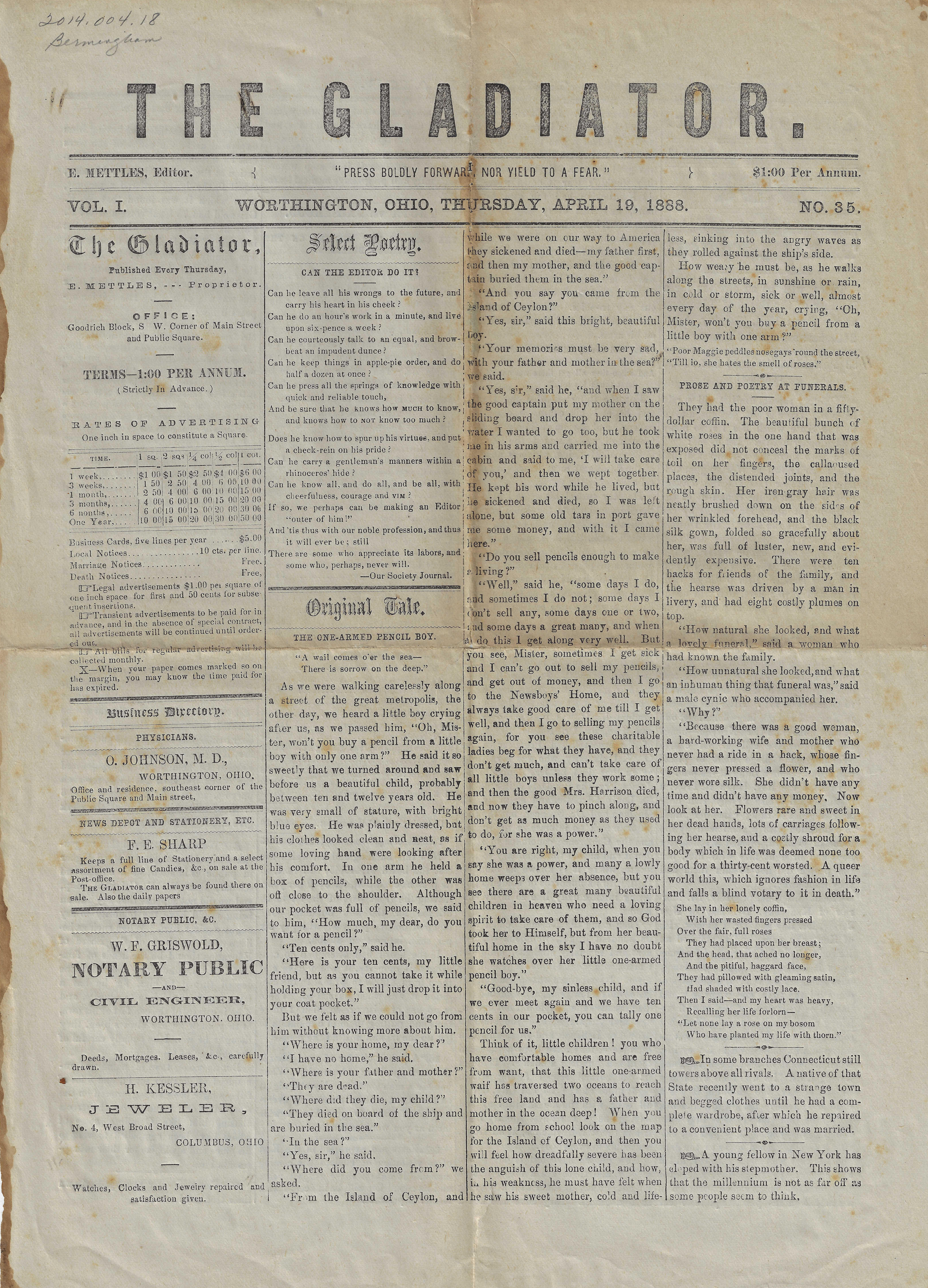 Gladiator Newspaper from April 19th, 1888