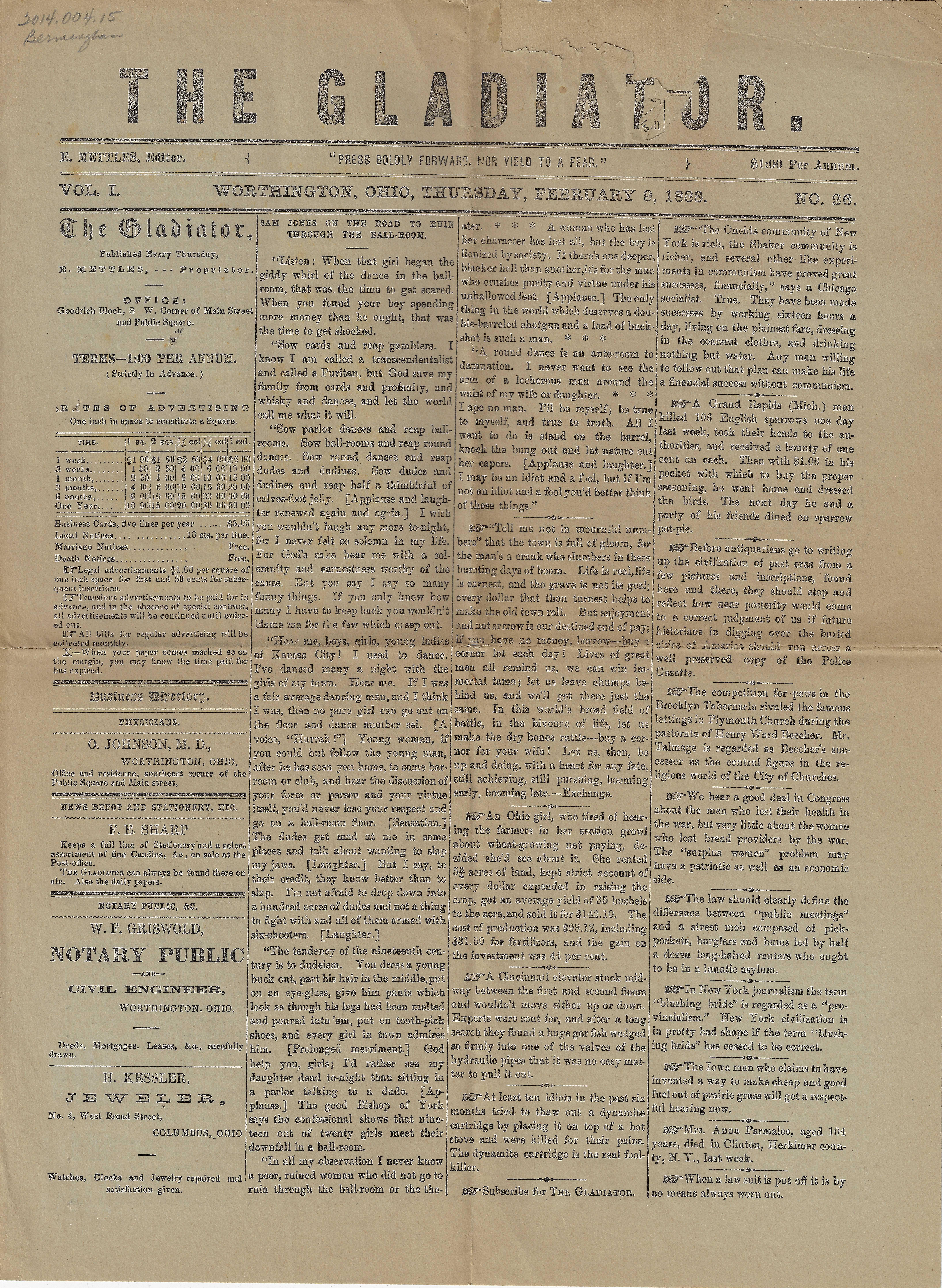 Gladiator Newspaper from February 9th, 1888
