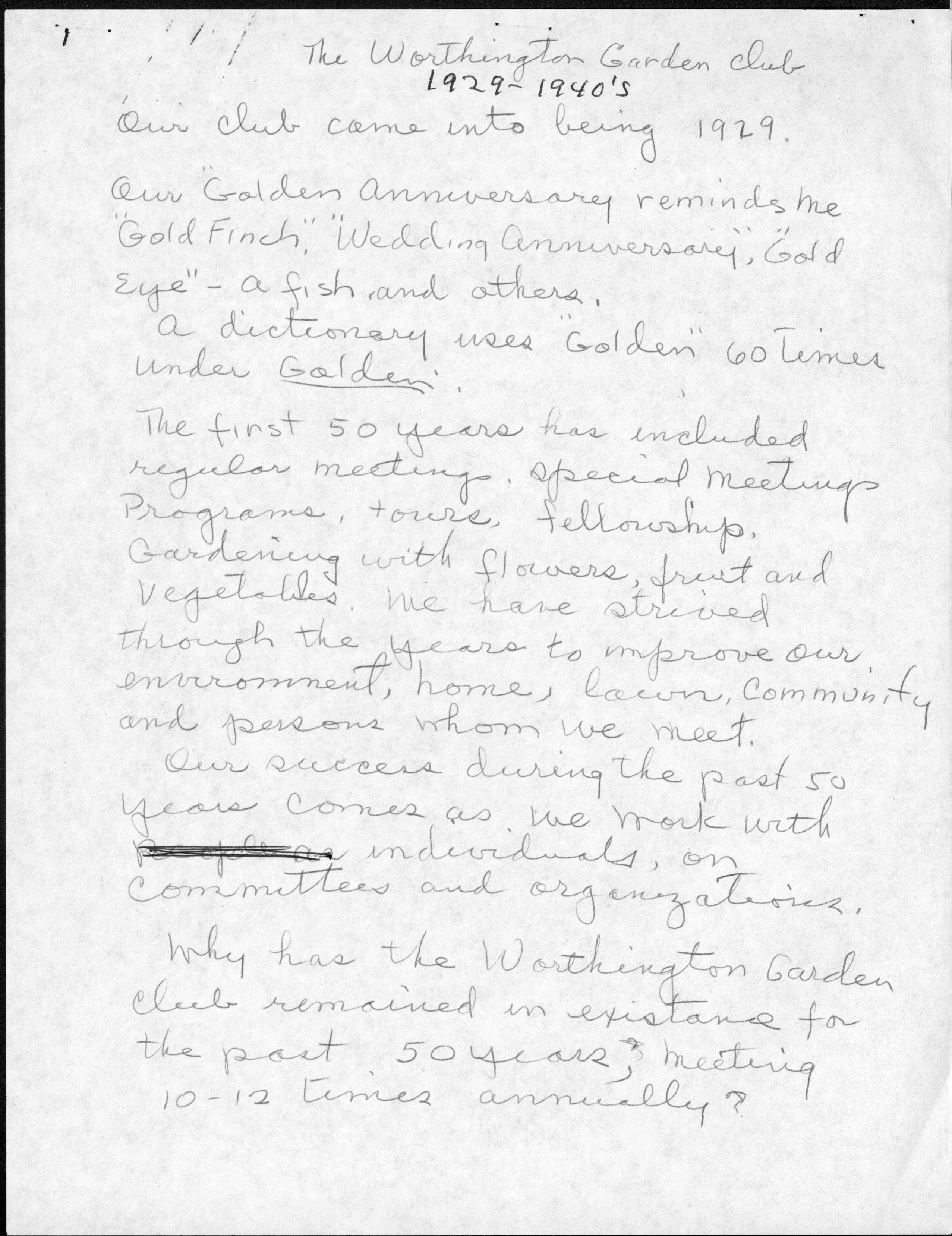 Handwritten History of Worthington Garden Club