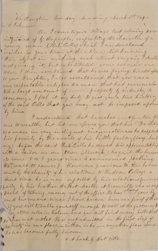 Letter Written to Orange Johnson of Worthington, Ohio from H.J.H. of Worthington