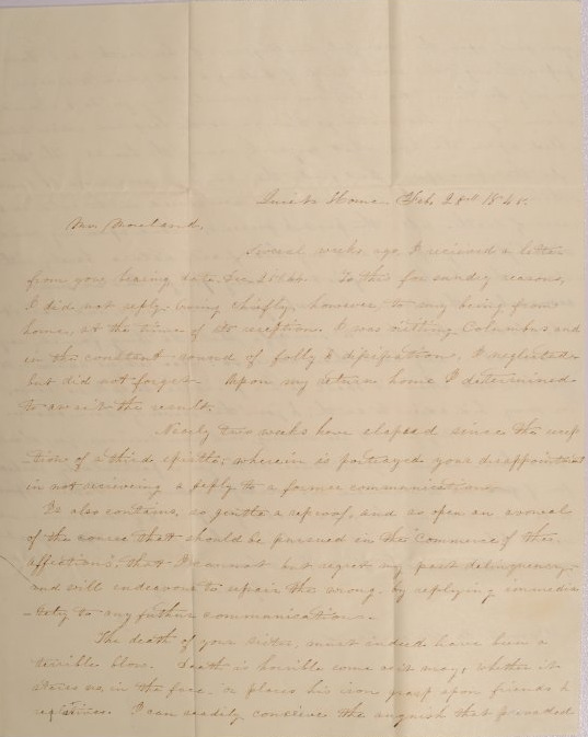 Letter to James Moreland of Henderson, Kentucky from Mary Johnson of Worthington, Ohio