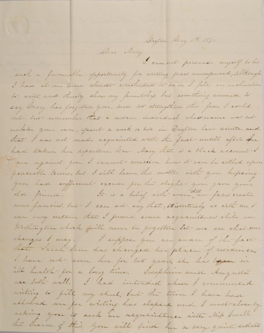 Letter to Mary D. Johnson of Worthington, Ohio from Ellen [Parrott] of Dayton, Ohio