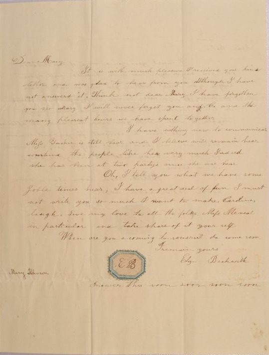 Letter to Mary Johnson and Caroline Griswold of Worthington, Ohio from Elizabeth Beckwith of Somerset, Ohio