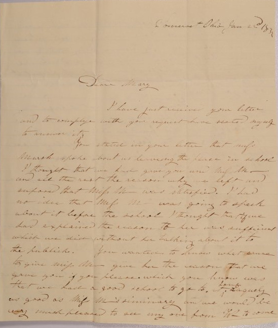 Letter to Mary Johnson of Worthington, Ohio from Emily Beckwith of Somerset, Ohio
