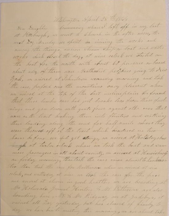 Letter to Mary Johnson of Worthington, Ohio from Orange Johnson in Washington D.C.
