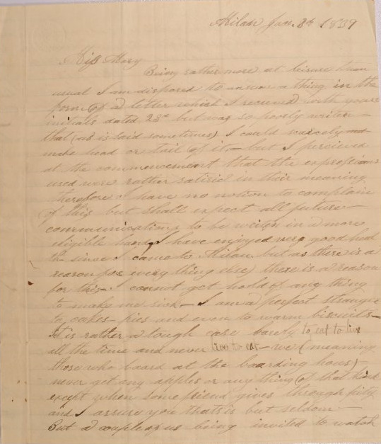 Letter to Mary Johnson of Worthington, Ohio from William Johnson, Her Brother, of Milan, Ohio