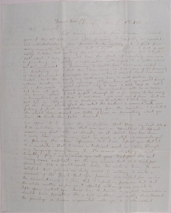 Letter to Mary Johnson of Worthington, Ohio from Leander Holmes of Fremont House, Chicago, Illinois