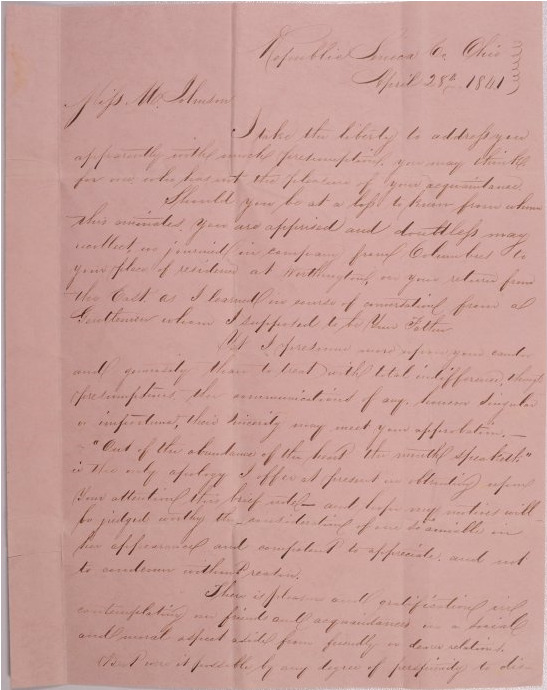 Letter to Mary Johnson of Worthington, Ohio from Charles Stickney of Republic, Ohio