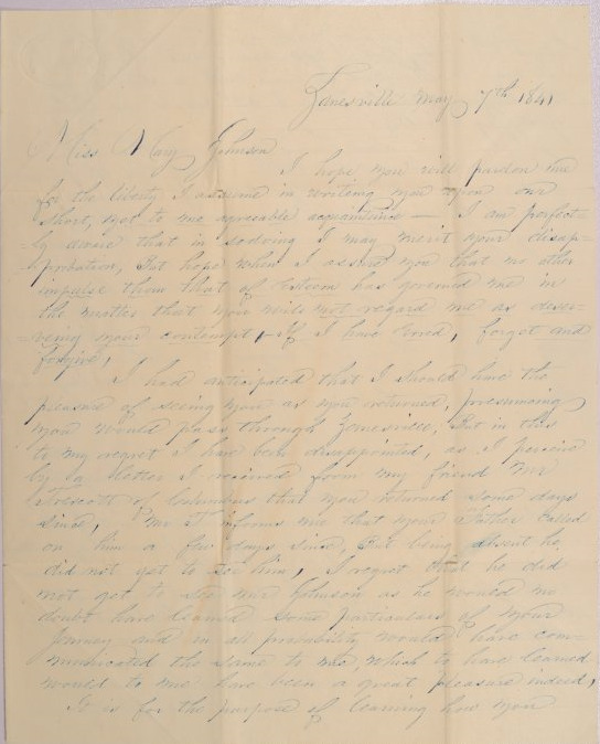 Letter to Mary Johnson of Worthington, Ohio from John R. Worman of Zanesville, Ohio