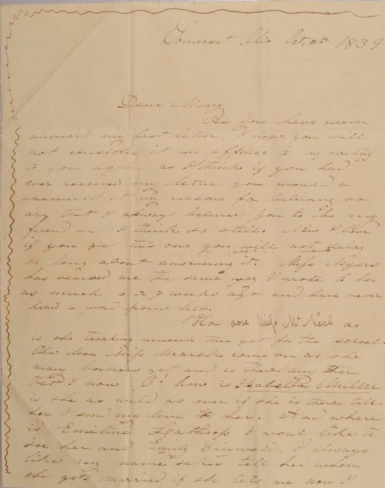 Letter to Mary Johnson of Worthington, Ohio from Emily Beckwith of Somerset, Ohio