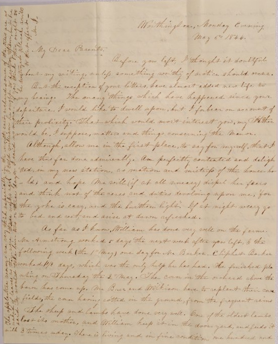 Letter to Orange & Achsa Johnson, Visiting Mansfield, Connecticut from Mary Johnson of Worthington, Ohio