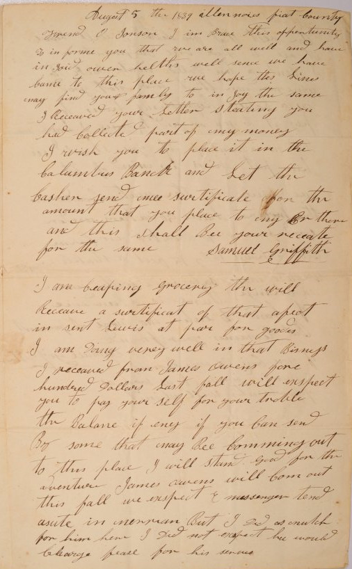 Letter to Orange Johnson of Worthington, Ohio from Samuel Griffith of Fayette Co., IL