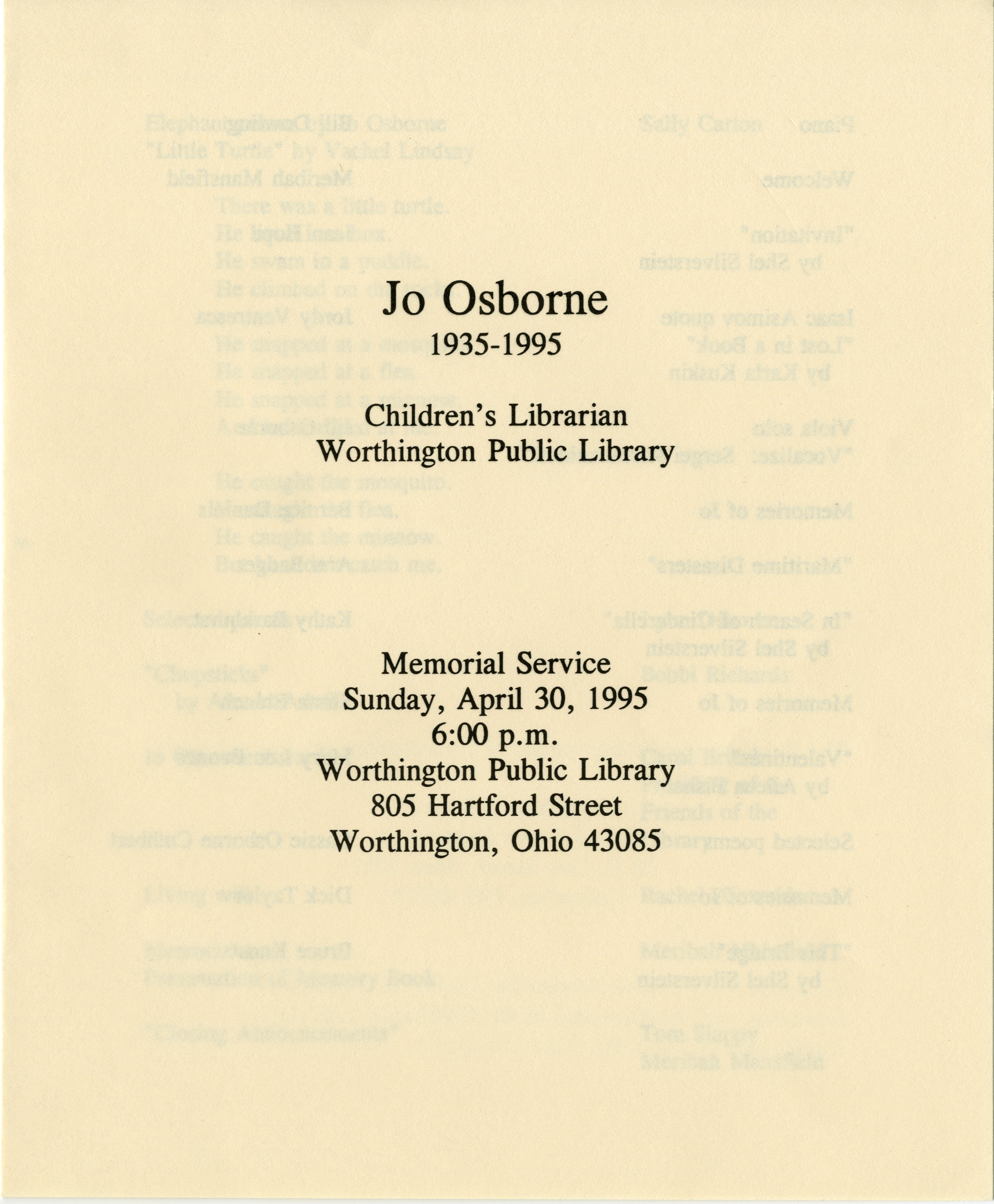 Memorial Service Program for Jo Osborne