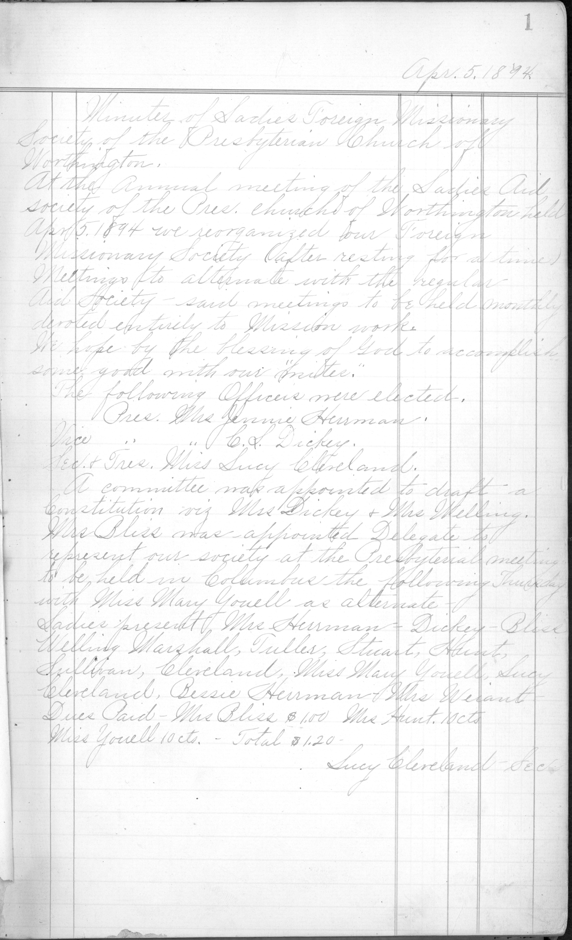 Minutes of the Ladies Foreign Missionary Society of the Presbyterian Church of Worthington