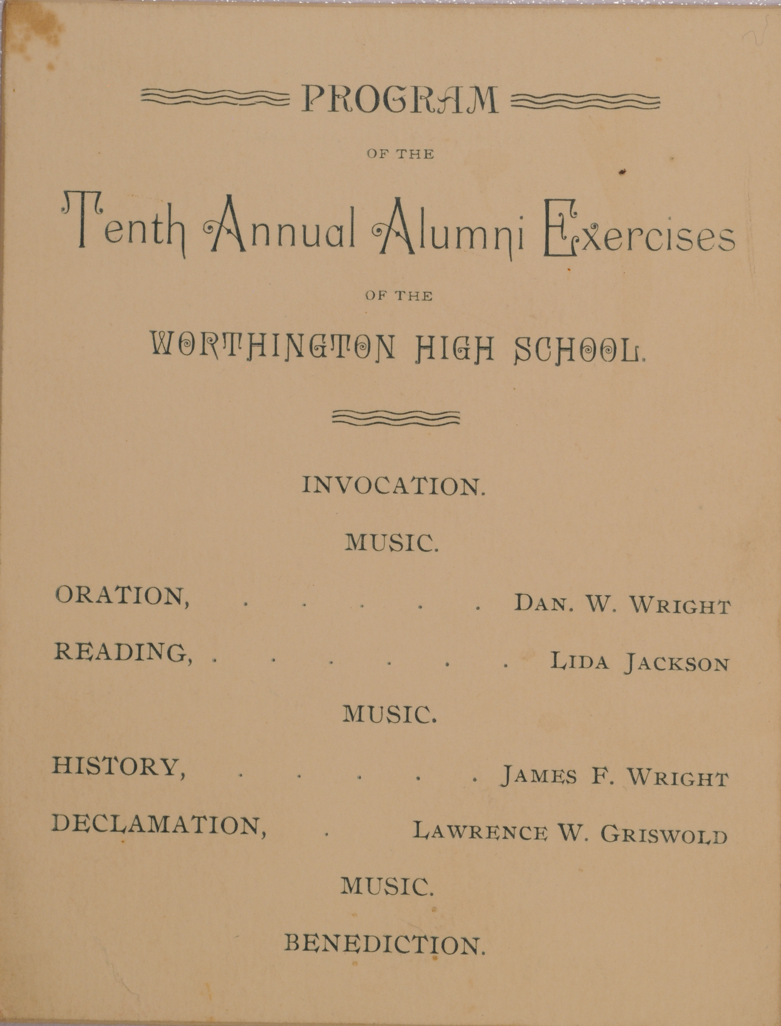Program for Worthington High School Tenth Annual Alumni Exercises, 1889