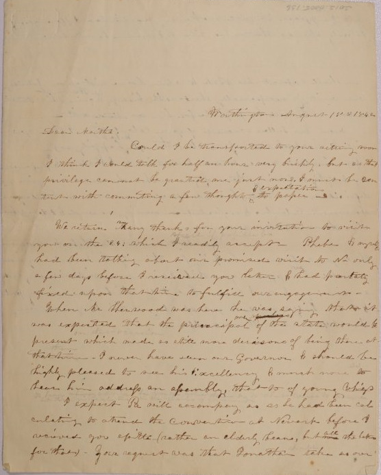 Unfinished Draft of Letter to Martha [No Last Name] of Newark, Ohio from Mary Johnson of Worthington, Ohio