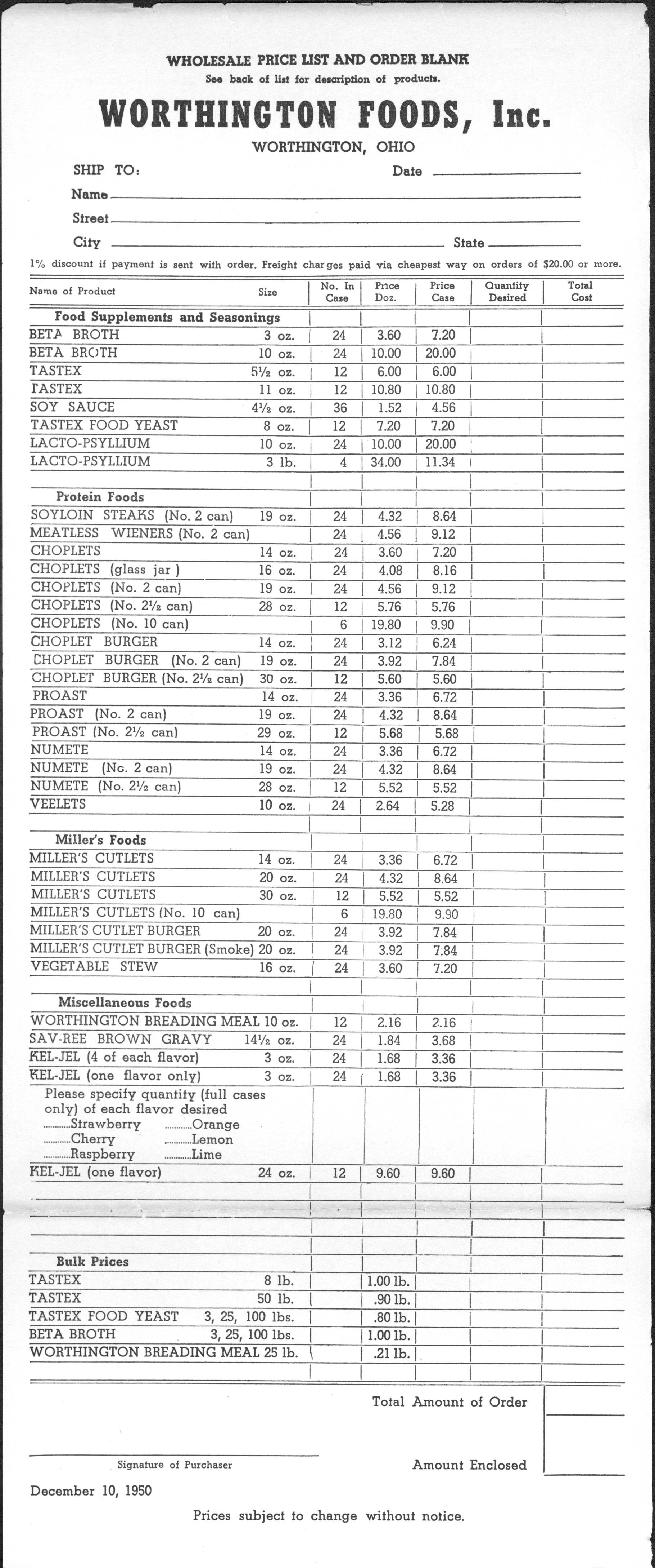 Worthington Foods Price List and Order Blank