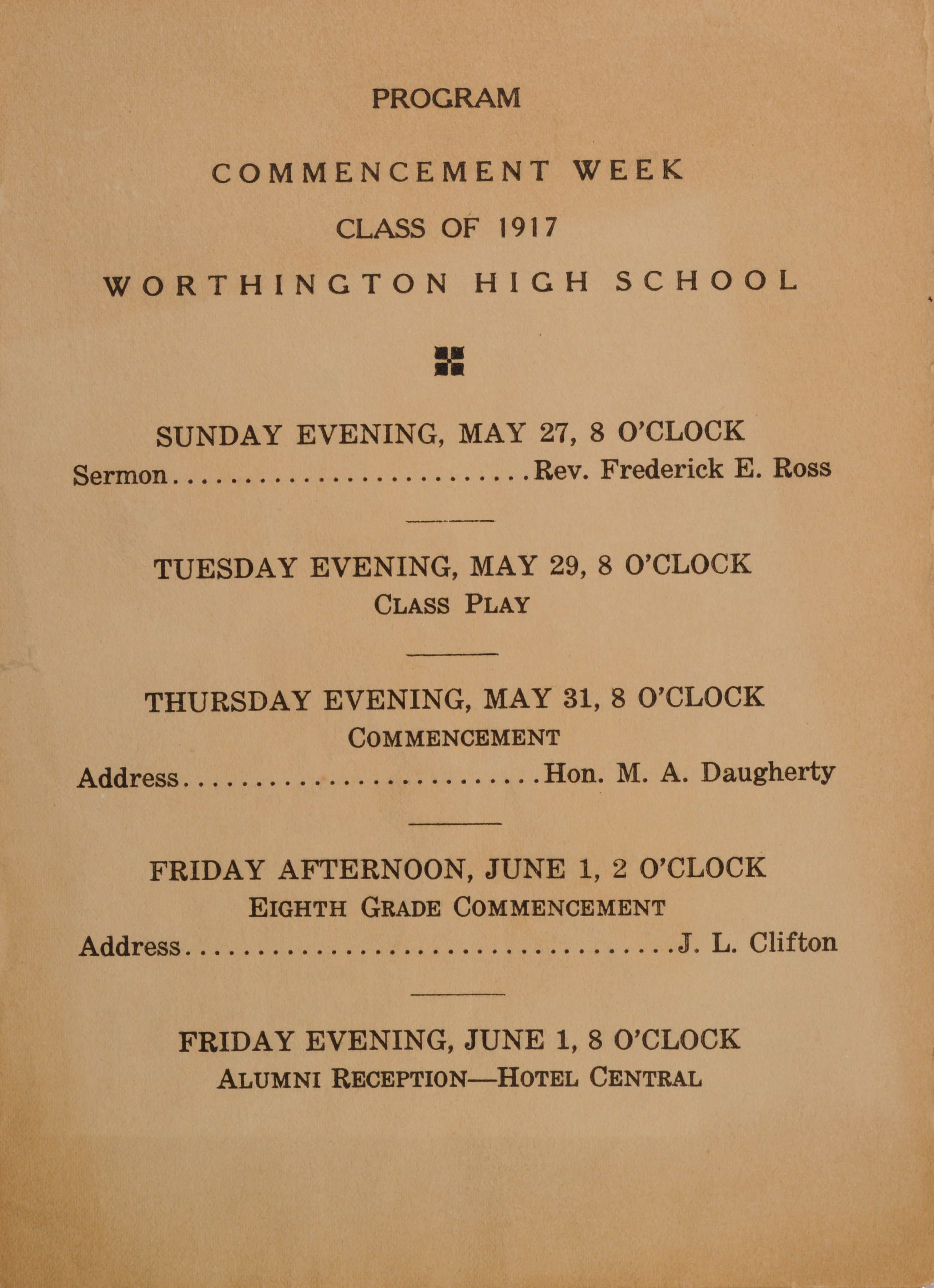 Worthington High School Commencement Week Program for 1917