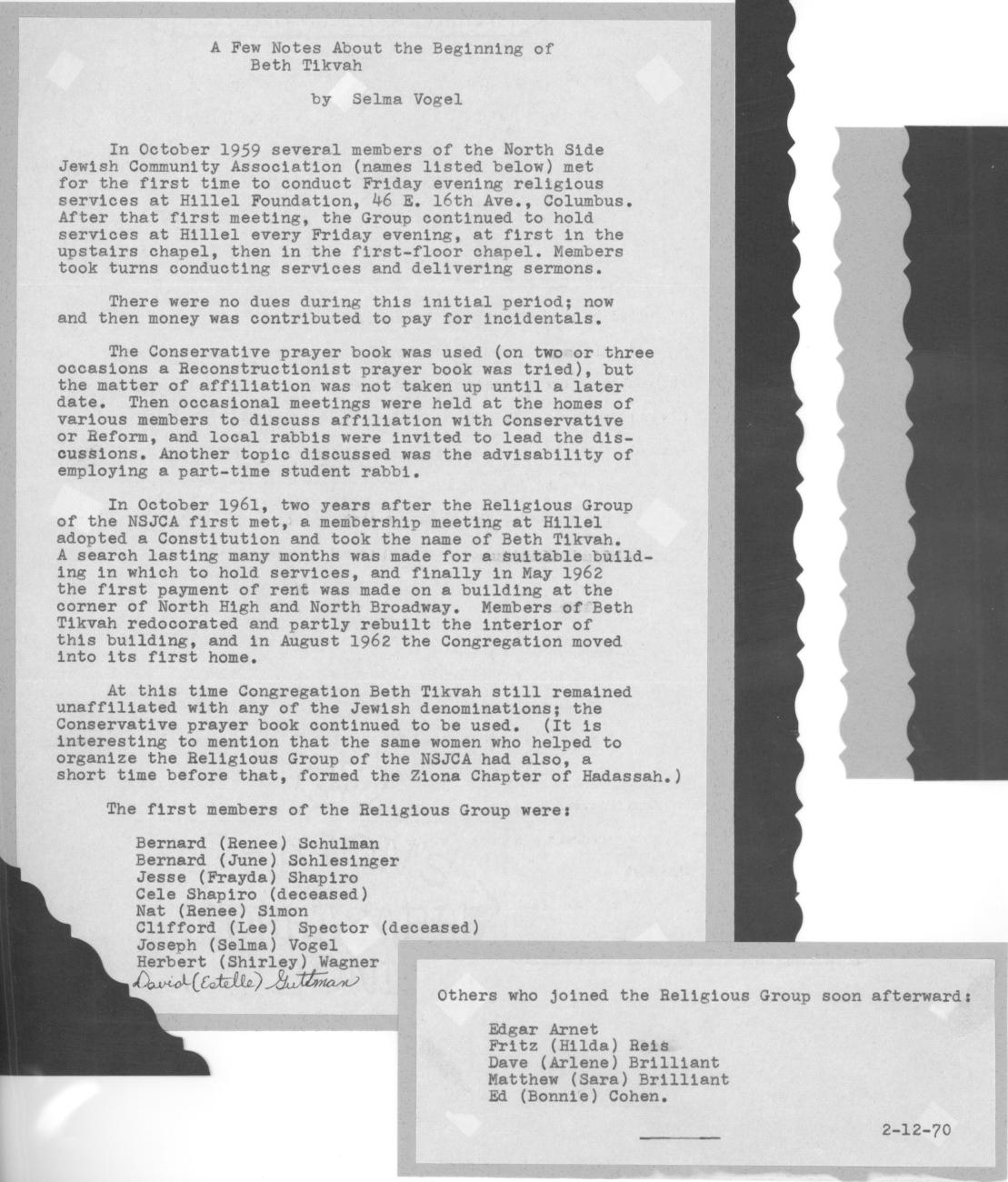 A Few Notes About the Beginning of Beth Tikvah