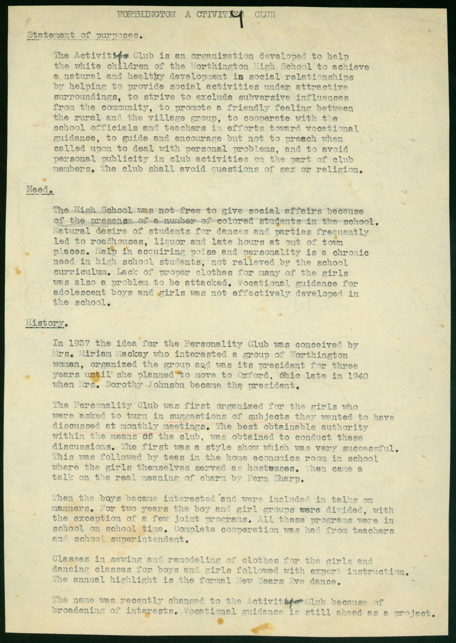 Activity Club Statement of Purpose and History
