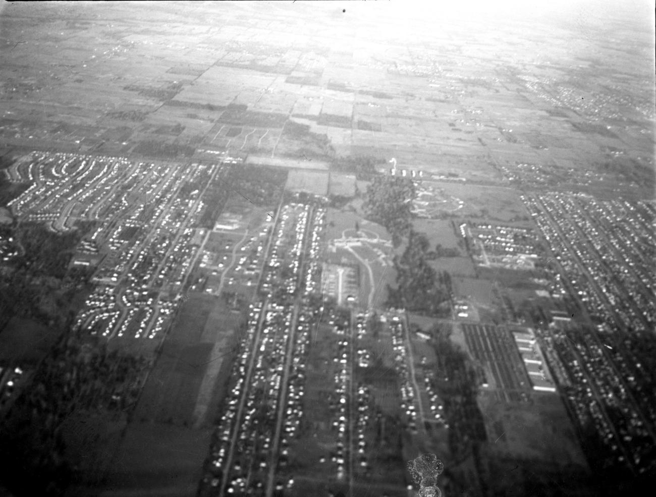 A black-and-white aerial photograph