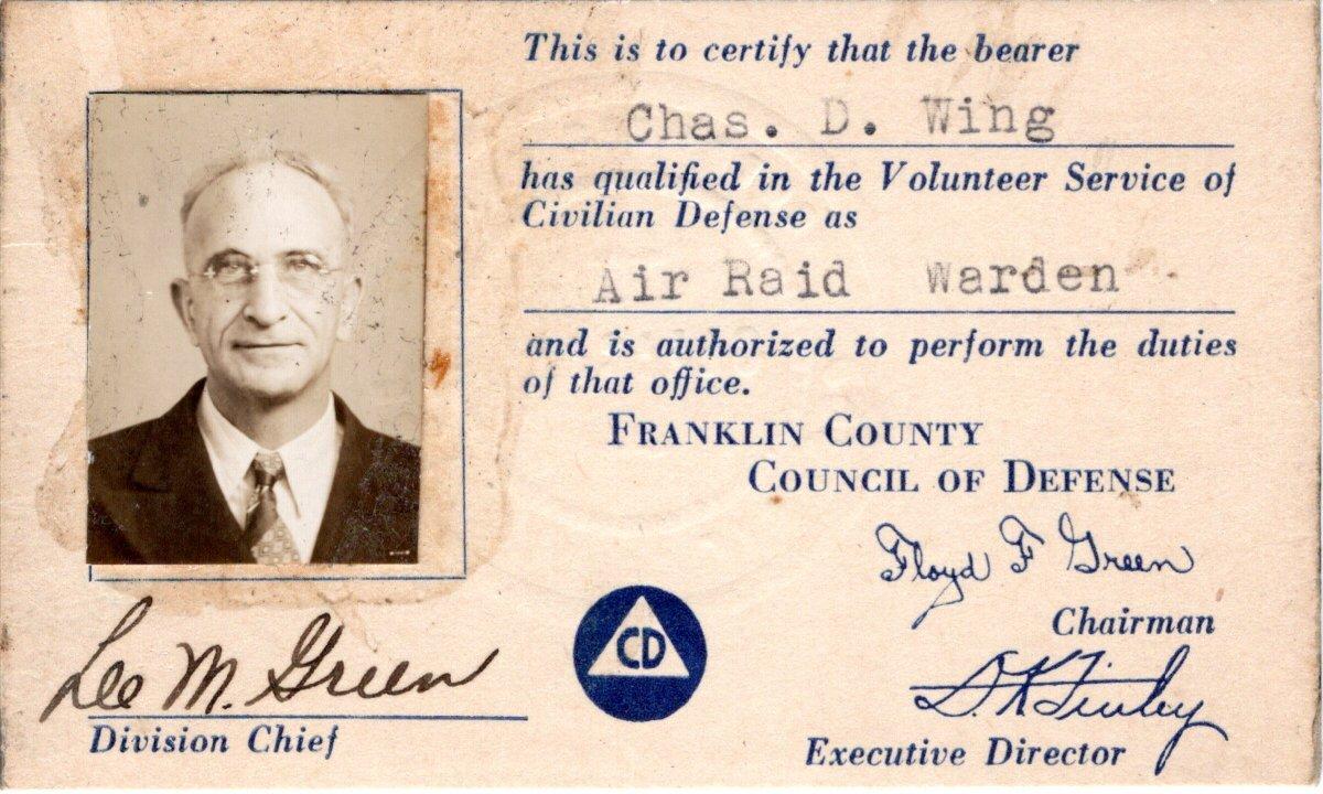 Air Raid Warden Card of Charles Wing