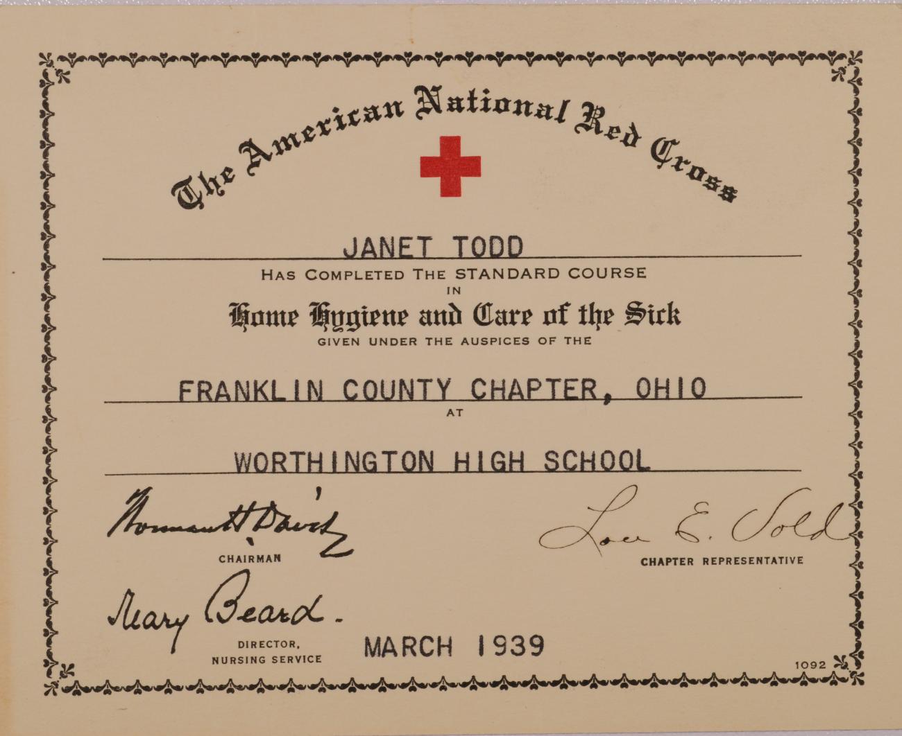 American Red Cross Certificate for Janet Todd
