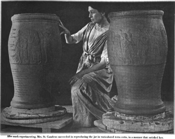 Black and white photo of woman kneeling between two large urns