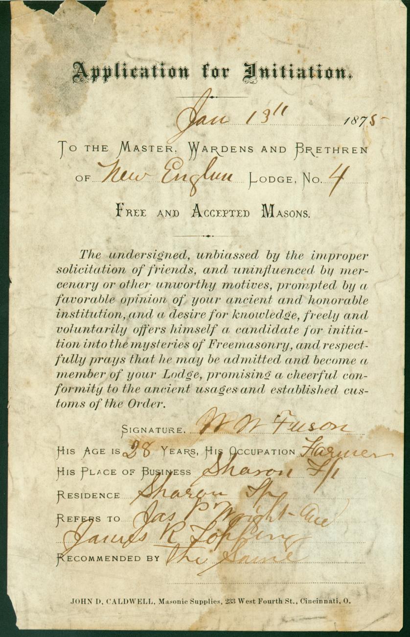 Application for Initiation: New England Lodge No. 4 Free and Accepted Masons