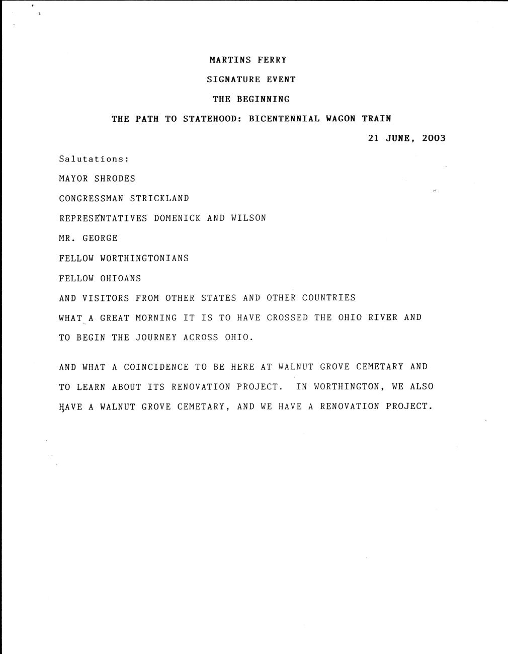 Bicentennial Wagon Train Speech