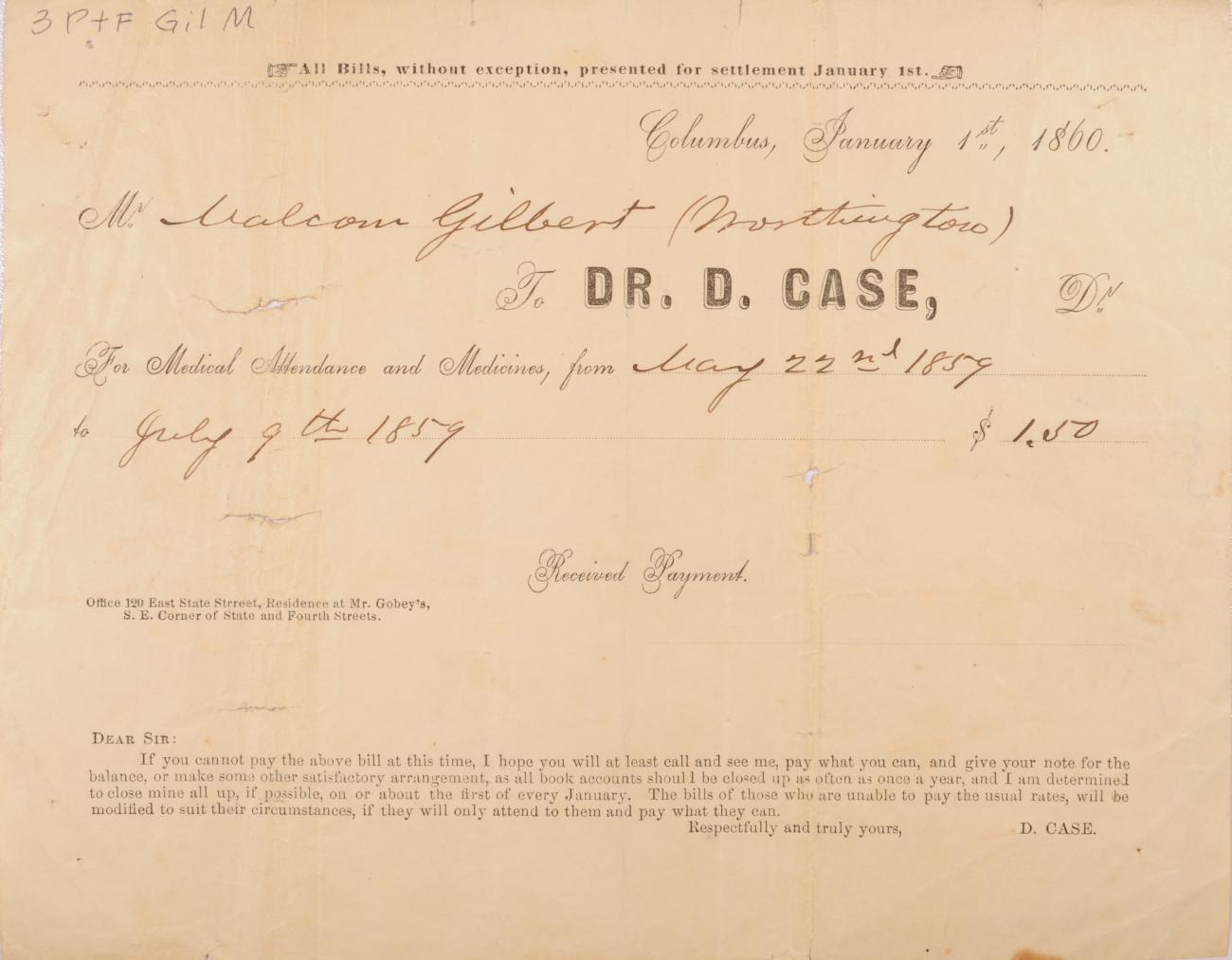 Bill for Medical Services from Dr. D. Case to Malcolm Gilbert