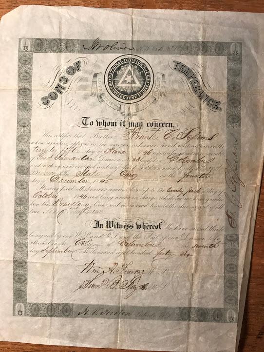 Certificate Inducting Francis C. Sessions into the Sons of Temperance