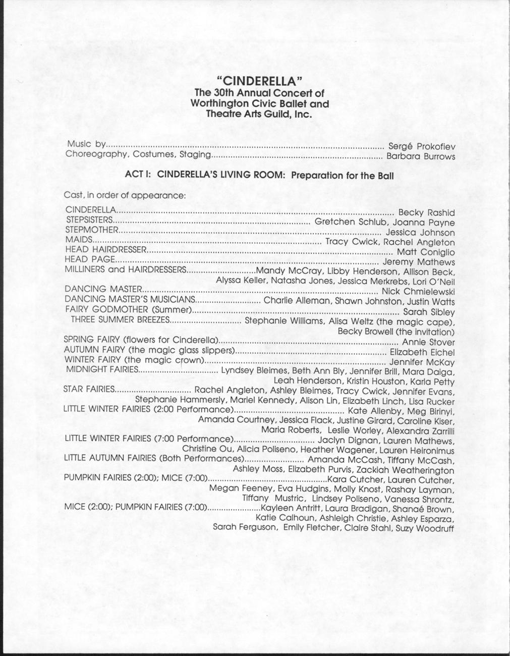 "Cinderella": The 30th Annual Concert of Worthington Civic Ballet and Theatre Arts Guild, Inc.