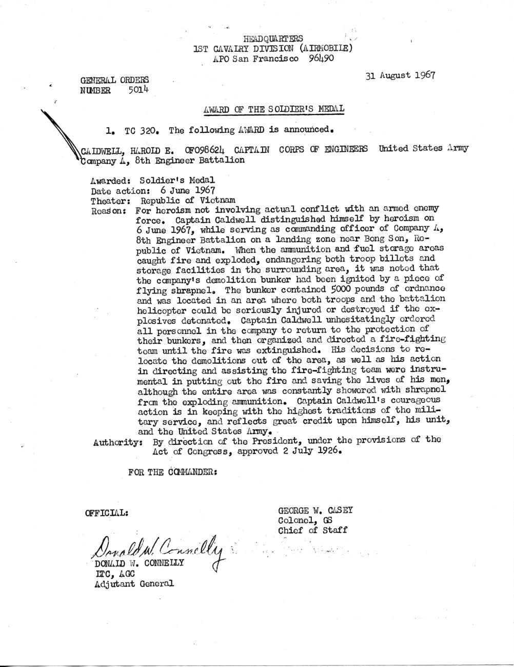 Black and white typed document announcing Soldier's Medal Award Given to Harold E. Caldwell
