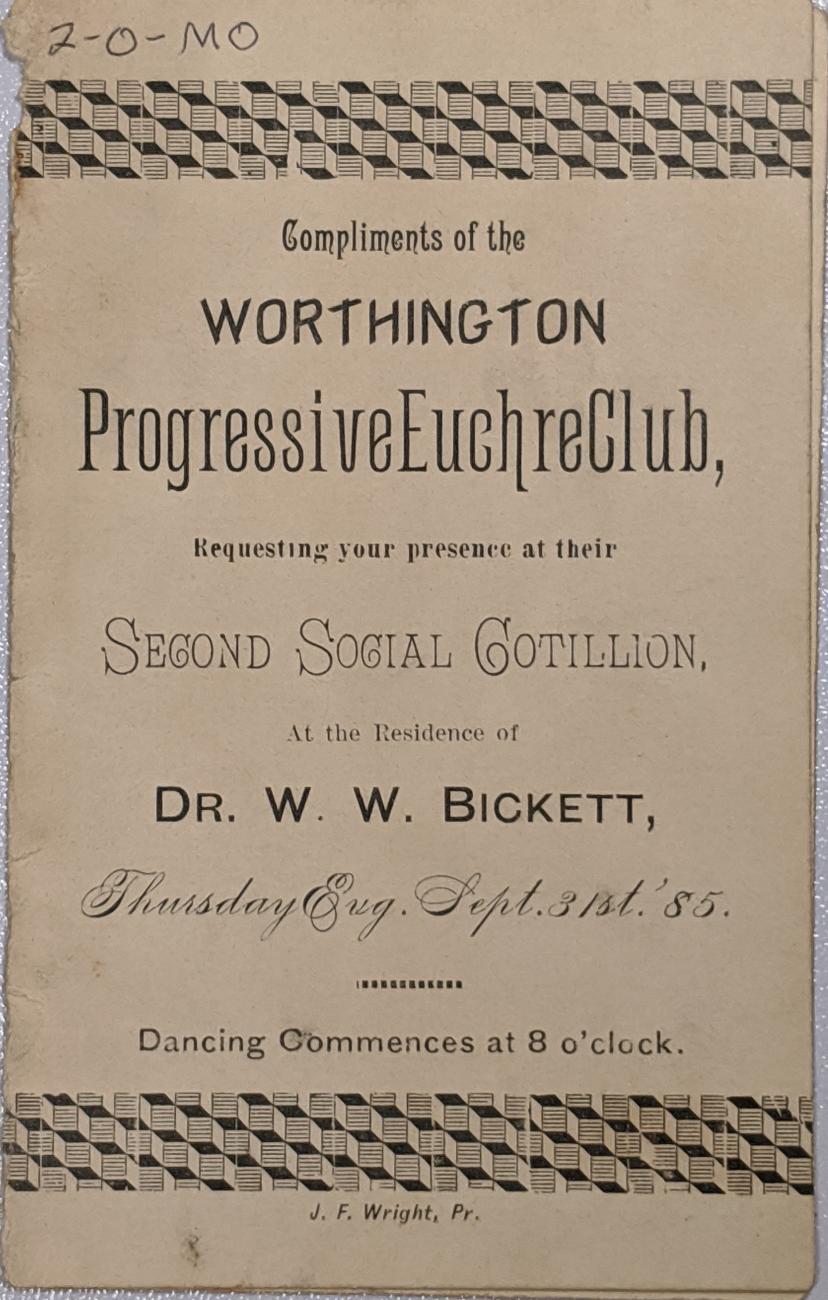 Dance Card for for Progressive Euchre Club Cotillion