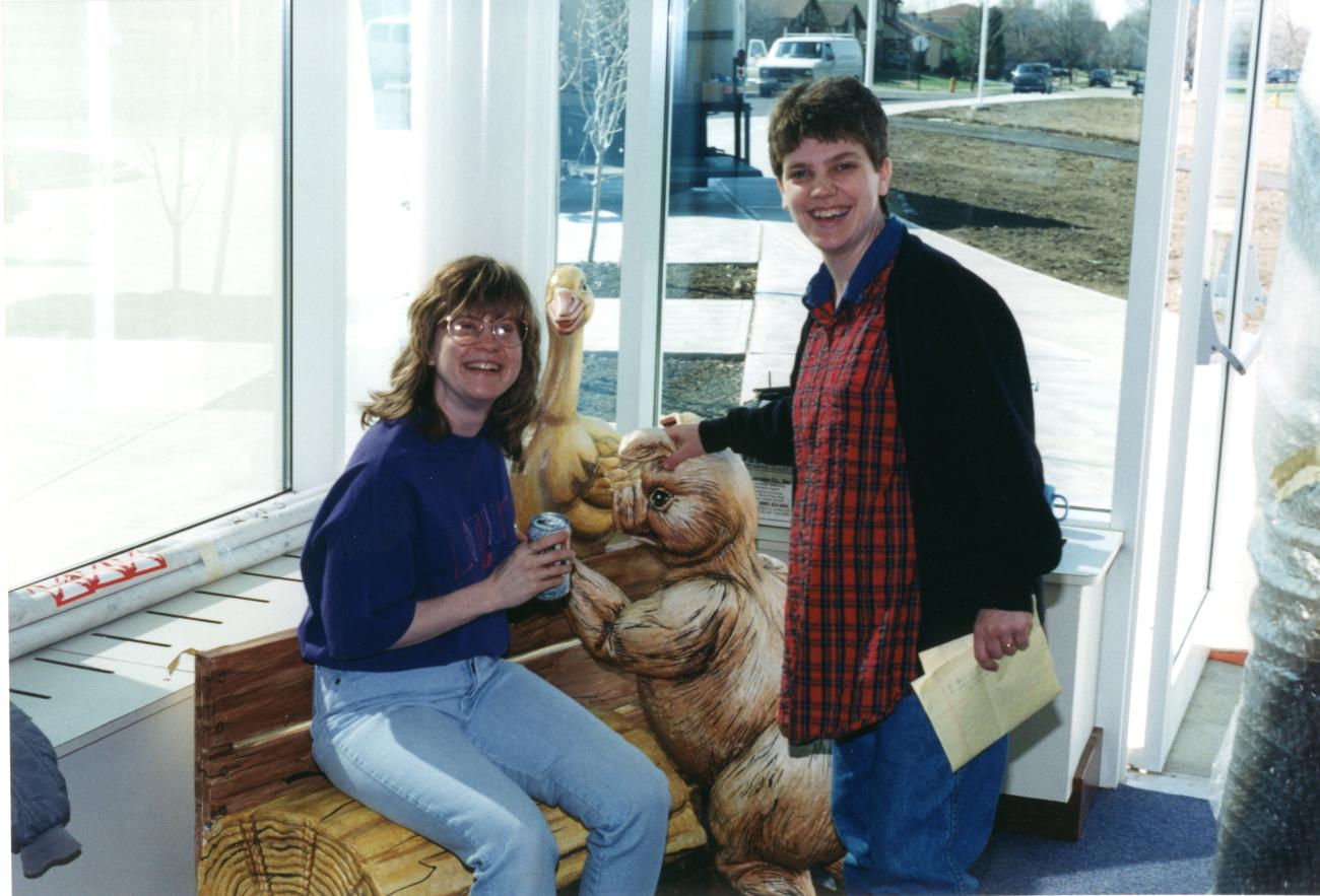 Danna Armstrong and Karen Laird with Northwest Library Story Garden Character Wilbur