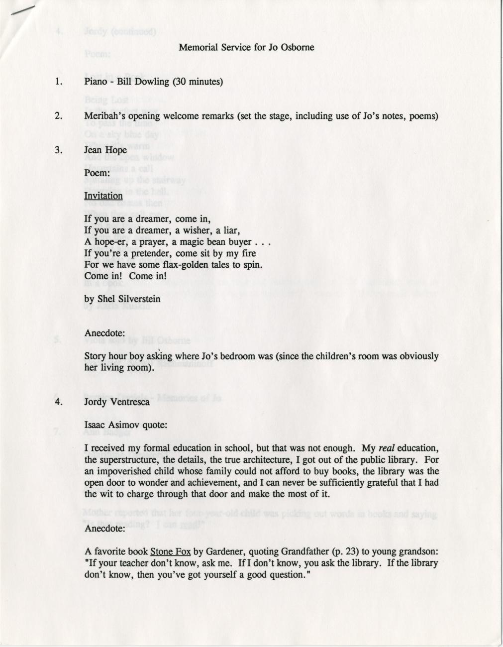 Detailed Program for Jo Osborne's Memorial Service