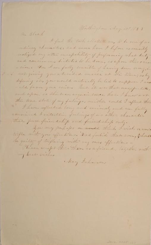 Draft letter to Mr. Blank from Mary Johnson of Worthington, Ohio