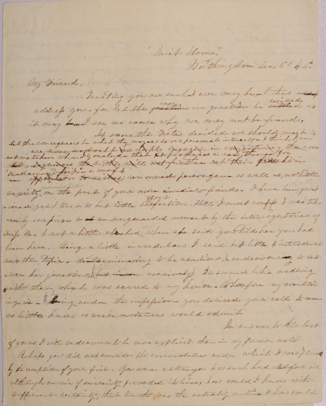Draft of Letter to Leander Holmes from Mary Johnson of Worthington, Ohio,