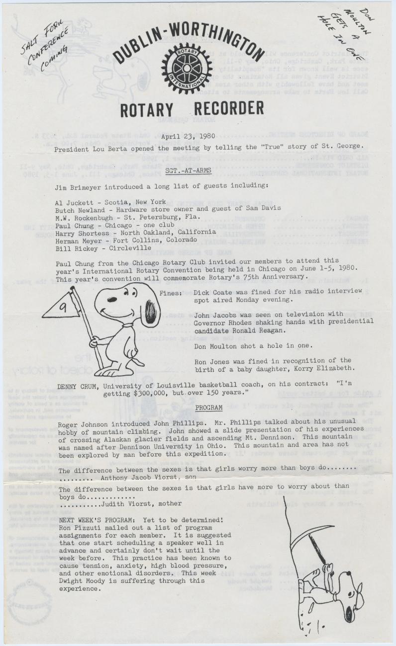 Dublin-Worthington Rotary Club Newsletter, April 1980