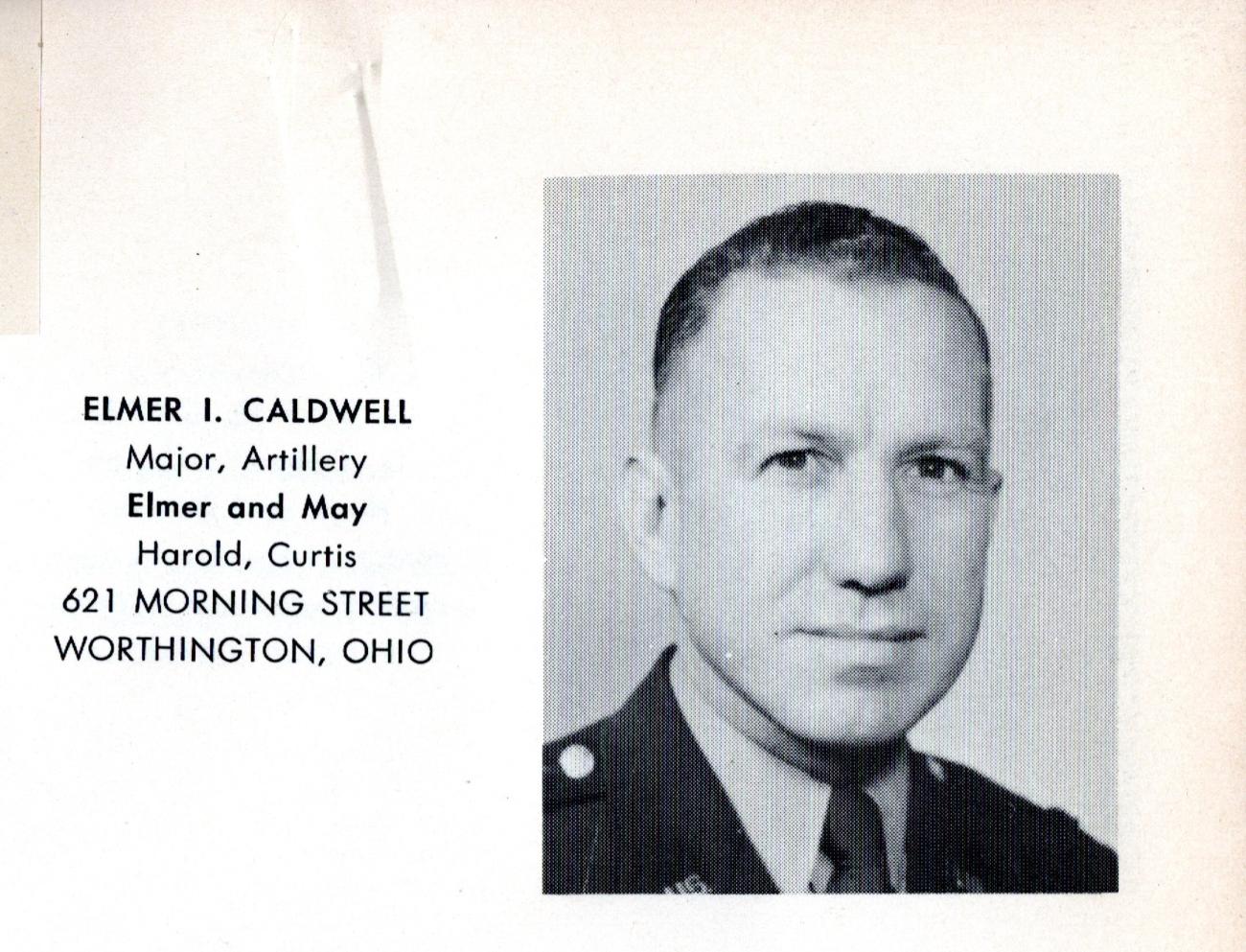Black-and-white photo of man in military uniform in a yearbook with name, title, family members and address given