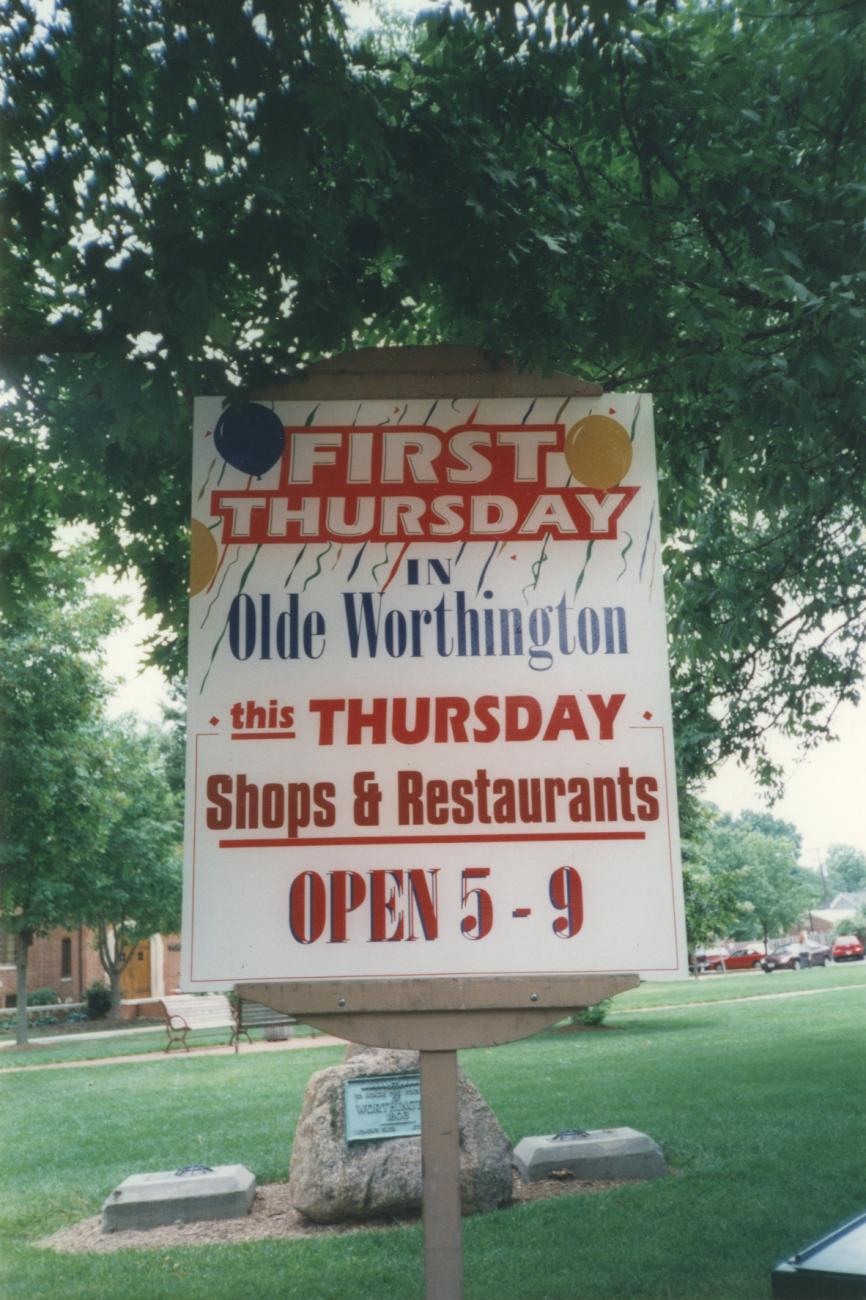 First Thursday in Olde Worthington Sign on the Village Green