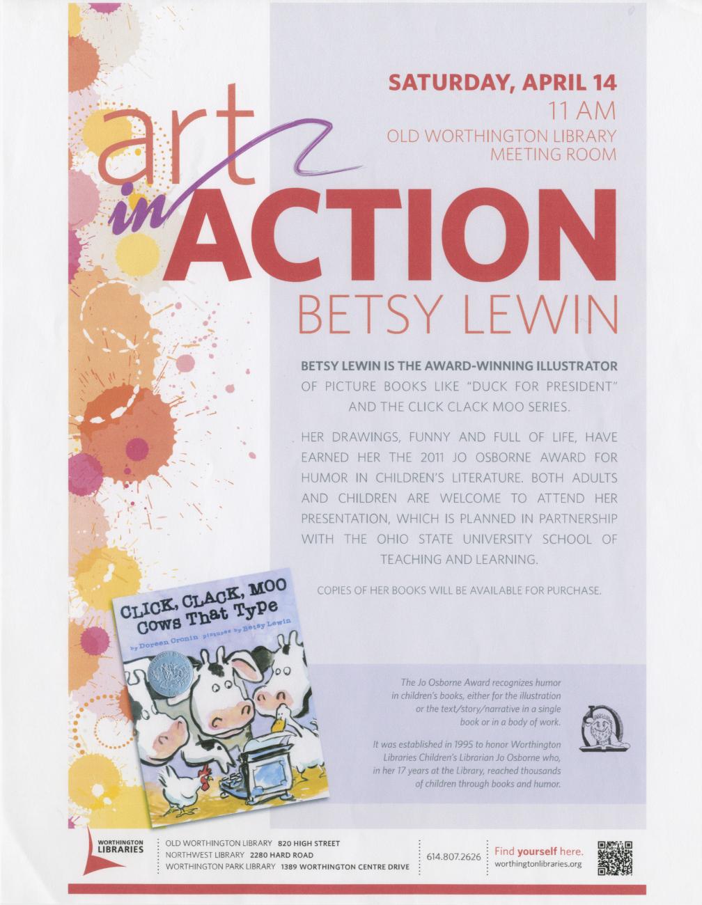 Flier for Betsy Lewin Program at the Old Worthington Library