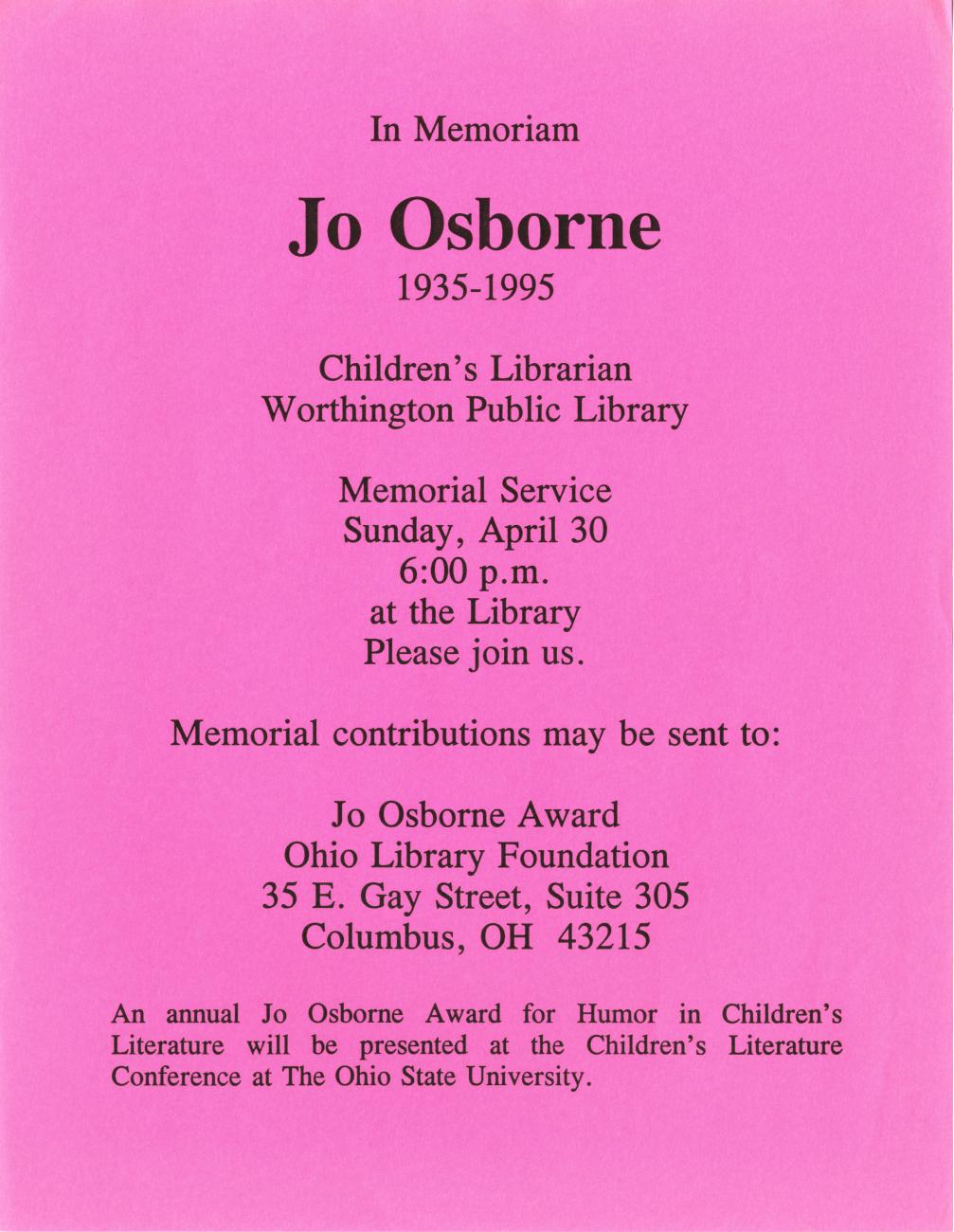 Flier for Memorial Service for Librarian Jo Osborne