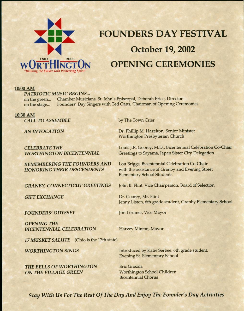 Founders Day Festival Opening Ceremonies Program