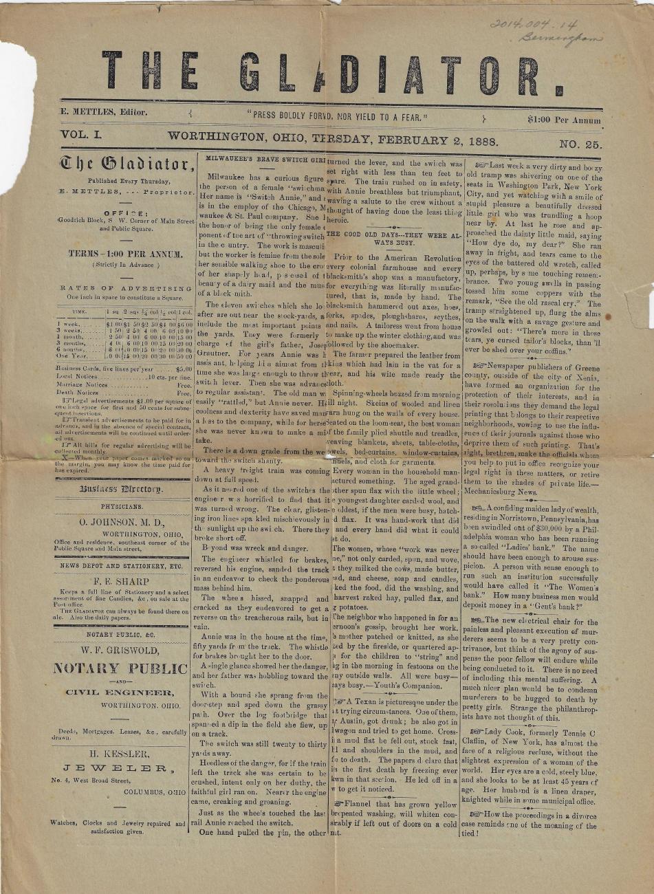 Gladiator Newspaper from February 2nd, 1888